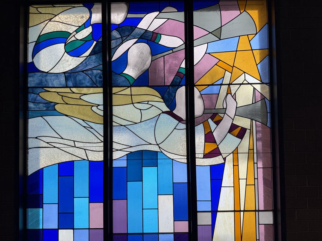Bethel Lutheran Church Graettinger Iowa ELCA Stained Glass Trumpet Angel Morphew Photo